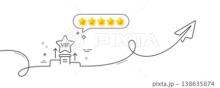 Vip podium line icon. Continuous line with share plane. Very important person star sign. Member club privilege symbol. Five star rate review in speech bubble. Vip podium single line ribbon. Vector Vip podium line icon. Continuous line with share plane. Very important person star sign. Member club privilege symbol. Five star rate review in speech bubble. Vip podium single line ribbon. Vector 138635874