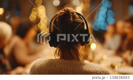 A woman enjoys music alone at a festive gathering while wearing headphones in a cozy atmosphere surrounded by friends and family celebrating joyfully. Generative AI 138636083