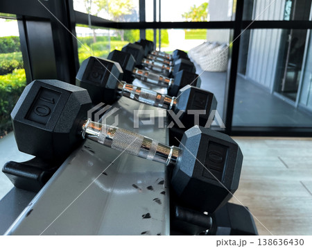 a row of black dumbbells on a rack in a modern gym. High quality photography showing fitness equipment, strength training, weightlifting, bodybuilding, and healthy lifestyle concept 138636430