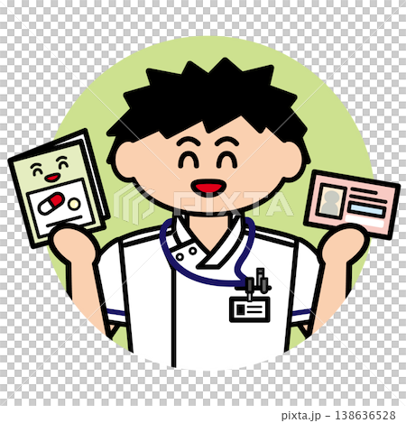 一名男護士手持用藥記錄簿和卡片（圓形背景）。 138636528
