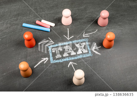 TAX Chalkboard Concept With People Figures And Direction Arrows TAX Chalkboard Concept With People Figures And Direction Arrows 138636635