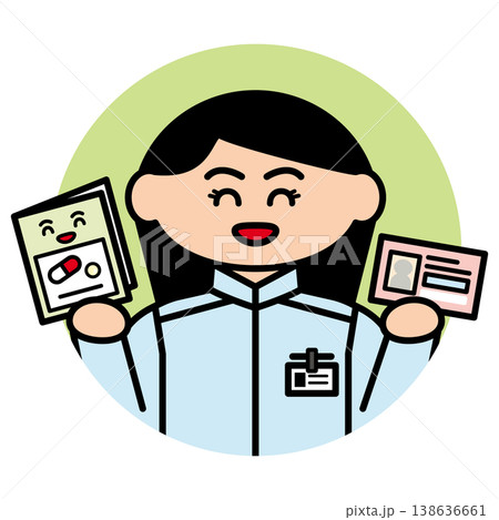 お薬手帳とカードを持つ女性薬剤師（丸い背景Ver） 138636661