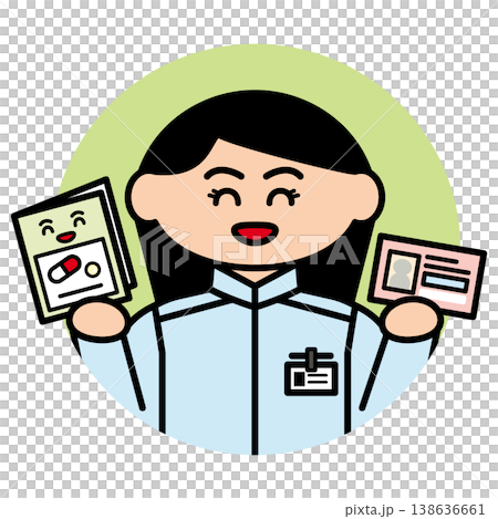 お薬手帳とカードを持つ女性薬剤師（丸い背景Ver） 138636661