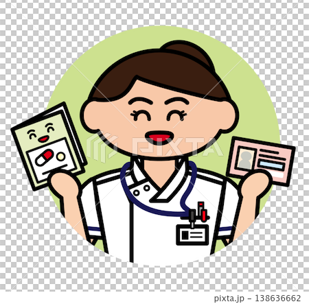 A female nurse holding a medication record book and card (with a round background). A female nurse holding a medication record book and card (with a round background). 138636662