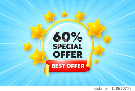 Discount sunburst ray banner. Best offer flag ribbon. 60 percent discount offer tag. Sale price promo sign. Special offer symbol. 3d stars glitter. Red ribbon tag. Discount offer. Vector 138636775