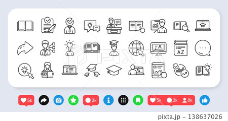 Education line icons. Social media: share, comment, like icons. Laptop, College book and Video Tutorial icons. Graduation cap, Instructions and Presentation. Education or Lectures book, Charts. Vector Education line icons. Social media: share, comment, like icons. Laptop, College book and Video Tutorial icons. Graduation cap, Instructions and Presentation. Education or Lectures book, Charts. Vector 138637026