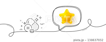 Vitamin H line icon. Continuous line with 3d star. Biotin food nutrient sign. Capsule or pill supplement symbol. 3d star in speech bubble. Vitamin H single line ribbon. Loop curve pattern. Vector 138637032