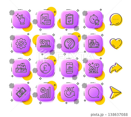 Calendar tax, Checklist and Delivery truck line icons. App 3d buttons. Social media comment, share, like icons. Pack of 5g wifi, Wholesale goods, Best result icon. Vector Calendar tax, Checklist and Delivery truck line icons. App 3d buttons. Social media comment, share, like icons. Pack of 5g wifi, Wholesale goods, Best result icon. Vector 138637088