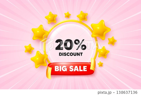 Discount sunburst ray banner. Big sale flag ribbon. 20 percent discount tag. Sale offer price sign. Special offer symbol. 3d stars glitter. Red ribbon tag. Discount offer. Vector 138637136
