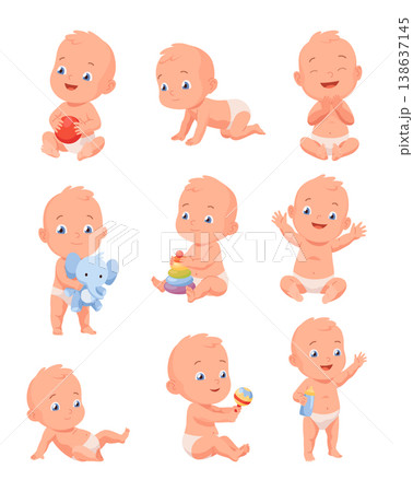 New born baby. Toddler with gentle smile on its face. Cute newborn infant. Vector cartoon illustration isolated on white background 138637145