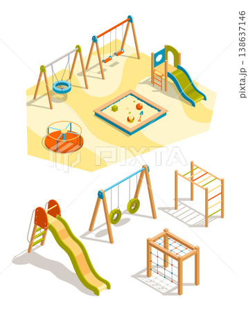 Isometric kids playground set. Isolated icons of play equipment for children. Sports equipment elements. Vector illustration 138637146