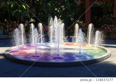 Cheerful fountain surrounded by vibrant flowers celebrates nature's beauty 138637277