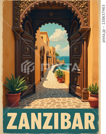 A pathway leads through a beautifully crafted archway in Zanzibar. The blue sea is visible at the end of the street. Bright plants are placed near the doorways, creating a lively atmosphere. 138637463