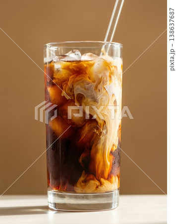Tall Iced Coffee Glass with Cream Swirl Motion Isolated on a Solid Tan Background 138637687