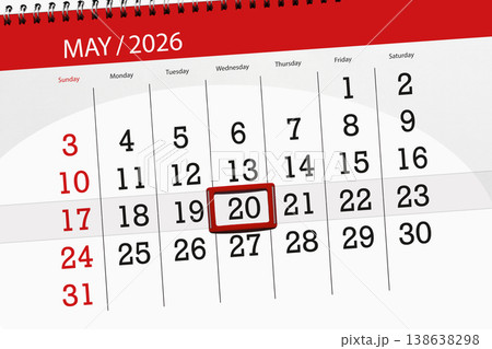 Calendar 2026, deadline, day, month, page, organizer, date, May, wednesday, number 20 138638298