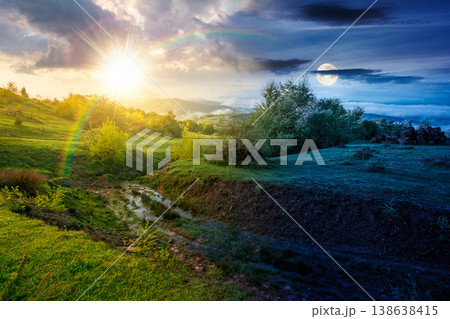 foggy carpathian mountain landscape. day meet night. outdoor adventure with stunning view in light at twilight. countryside landscape with rolling hills, fog and cloudy sky. harmony concept foggy carpathian mountain landscape. day meet night. outdoor adventure with stunning view in light at twilight. countryside landscape with rolling hills, fog and cloudy sky. harmony concept 138638415