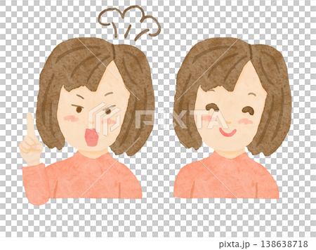 白色背景上的插圖,描繪了兩個女人的腰部以上:一個憤怒地指著什麼,另一個面帶微笑。 白色背景上的插圖,描繪了兩個女人的腰部以上:一個憤怒地指著什麼,另一個面帶微笑。 138638718