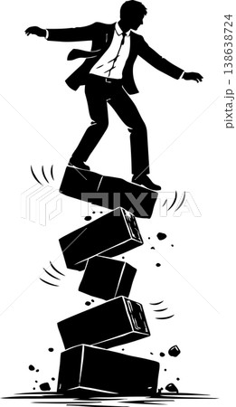 Businessman Balancing on Falling Blocks Representing Risk Instability and Crisis Management Silhouette Illustration Businessman Balancing on Falling Blocks Representing Risk Instability and Crisis Management Silhouette Illustration 138638724