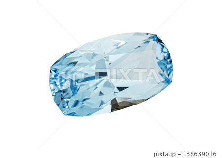 Aquamarine blue faceted oval cut stone mineral macro photography on white isolated background 138639016