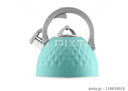 kettle with whistle, matte Blue color, with rhombus texture on isolated and white background kettle with whistle, matte Blue color, with rhombus texture on isolated and white background 138639018