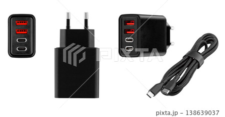 set power adapter, charging adapter with USB and Type-C connector on isolated and white background, 138639037