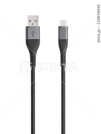 Black cable for charging and synchronization with Type - C, USB, Micro USB, Lightning connectors on a white background Black cable for charging and synchronization with Type - C, USB, Micro USB, Lightning connectors on a white background 138639048