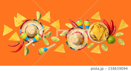 Cinco de Mayo, Colorful sombreros and chips surround party items Cinco de Mayo, Colorful sombreros and chips surround party items 138639094