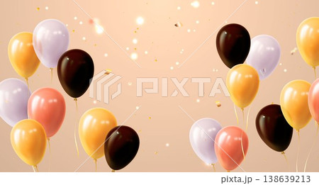 Golden, black balloons, gold confetti on beige bg Golden, black balloons, gold confetti on beige bg 138639213