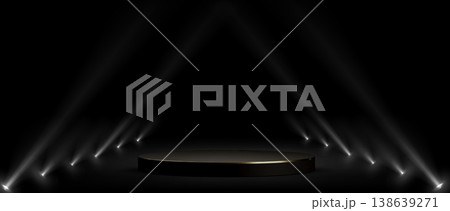 Round golden pedestal illuminated with spotlights Round golden pedestal illuminated with spotlights 138639271
