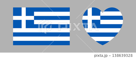 Greece flag badge, sticker in heart, rectangle shapes. Heart shaped, rectangular button, banner, icon. National sign. Travel symbol. 138639328