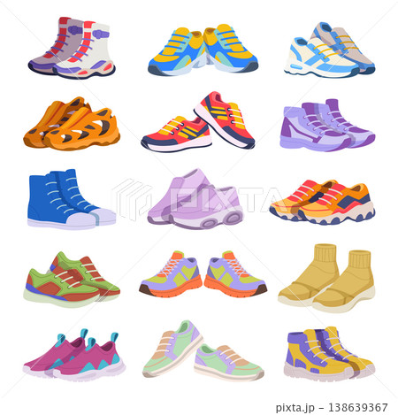 Sport shoes. Colored athletic sneakers for male and female exact vector footwear 138639367