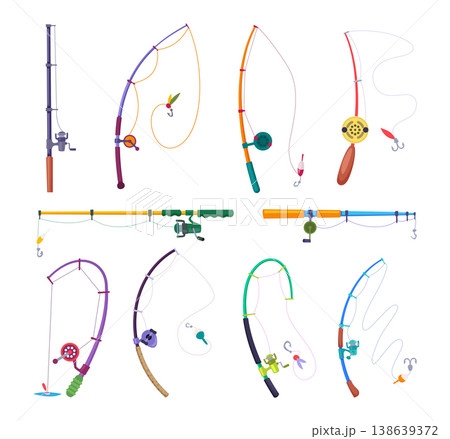 Fishing rods. Spinning different shapes exact vector fisherman tools 138639372