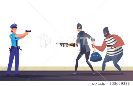Thief. Female policeman fights criminals. vector cartoon characters shooting Thief. Female policeman fights criminals. vector cartoon characters shooting 138639388