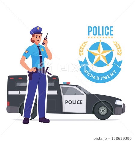 Police department. woman police officer standing near professional police car Police department. woman police officer standing near professional police car 138639390