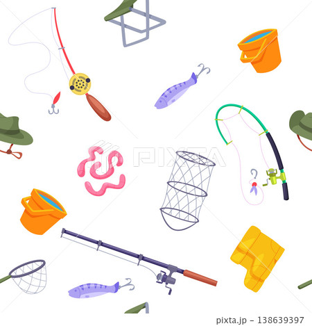Fishing pattern. vector seamless background with fishing gear 138639397