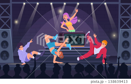 Dance scene. dj music on stage and break dancers in action poses 138639413