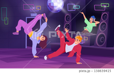 Dance party. break dance people on stage. vector music background in cartoon style 138639415