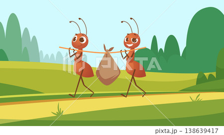 Cartoon ants. background with happy working characters walking ants with cargo 138639417