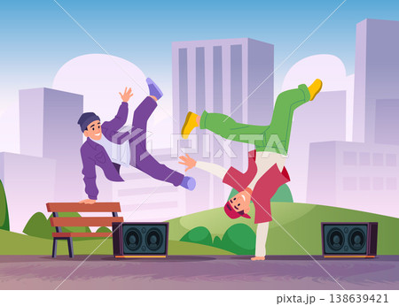 Break dancers. urban landscape with professional active street dancers. cartoon background Break dancers. urban landscape with professional active street dancers. cartoon background 138639421
