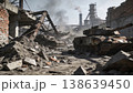 War zone with scattered debris in destroyed warehouse frame with collapsed roof and rubble piles 138639450