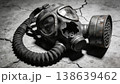 Gas mask with broken filter black and white still life with coiled hose and dramatic contrast 138639462