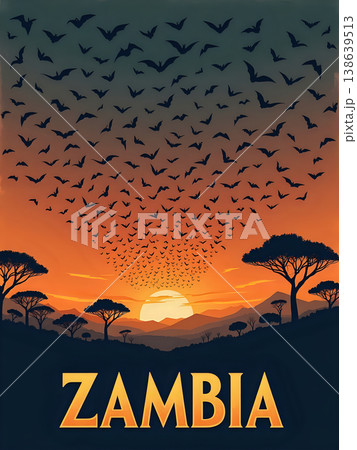 Bats fly in a large group at sunset in Zambia. The sun sets behind hills, casting an orange hue in the sky. Silhouettes of trees are visible against the sunset. Bats fly in a large group at sunset in Zambia. The sun sets behind hills, casting an orange hue in the sky. Silhouettes of trees are visible against the sunset. 138639513