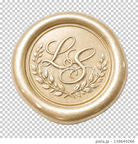Pale golden wax seal bearing the intertwined initials L and S surrounded by a laurel wreath, representing victory, achievement, and personalized elegance 138640266