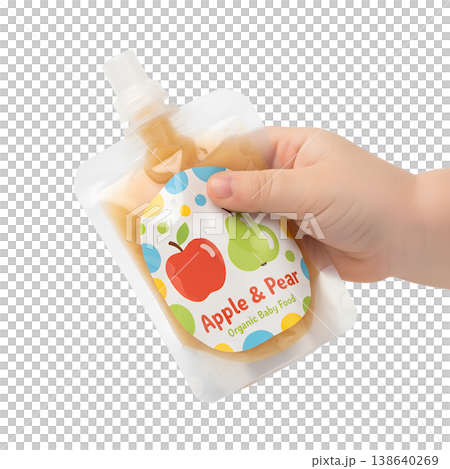 Baby's small hand gripping a soft squeeze pouch of organic apple and pear baby food, representing self-feeding, weaning, and healthy infant nutrition 138640269