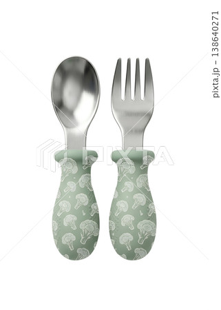 Toddler-sized fork and spoon set featuring cute green broccoli pattern handles, representing healthy eating encouragement and self-feeding for young children 138640271
