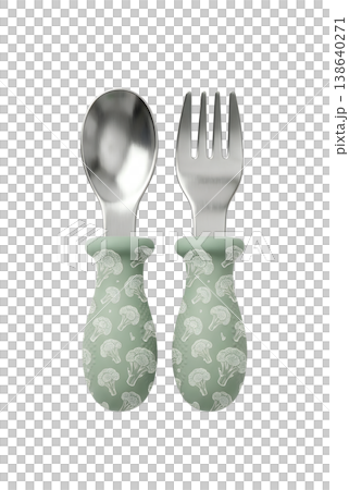 Toddler-sized fork and spoon set featuring cute green broccoli pattern handles, representing healthy eating encouragement and self-feeding for young children 138640271