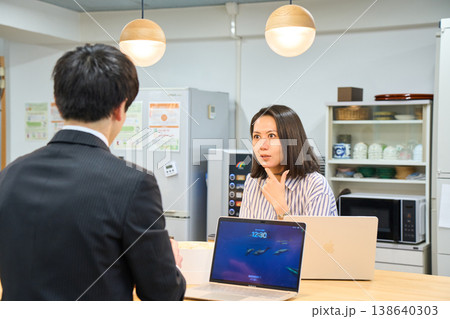 オフィスの給湯室で同僚の男性と楽しく談笑する笑顔のビジネスウーマン オフィスの給湯室で同僚の男性と楽しく談笑する笑顔のビジネスウーマン 138640303