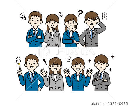 困った表情と問題が解決した表情の、リクルートスーツを着た就活生のベクターイラスト素材セット 138640476