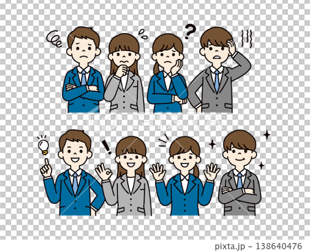 困った表情と問題が解決した表情の、リクルートスーツを着た就活生のベクターイラスト素材セット 138640476