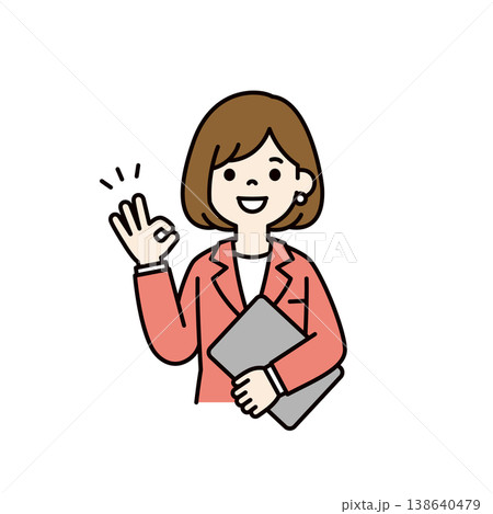 OKサインをする・了承する、ノートパソコンを持った女性社員・OLの上半身ベクターイラスト素材 OKサインをする・了承する、ノートパソコンを持った女性社員・OLの上半身ベクターイラスト素材 138640479